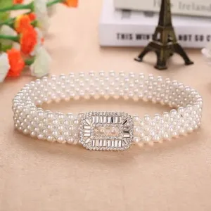 Elegant White Pearl Elastic Buckle Belt For Women Luxurious Strap Pearls Waistband Fashionable Design