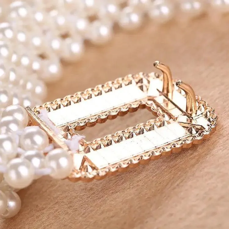 Elegant White Pearl Elastic Buckle Belt For Women Luxurious Strap Pearls Waistband Fashionable Design