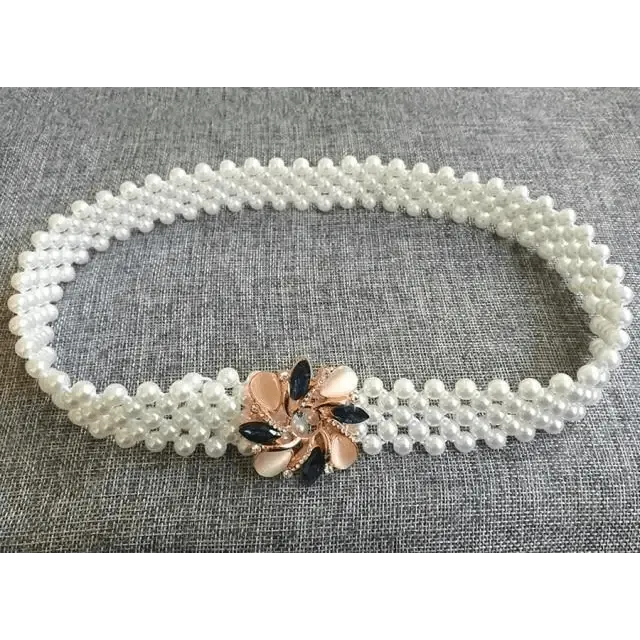 Elegant White Pearl Elastic Buckle Belt For Women Luxurious Strap Pearls Waistband Fashionable Design