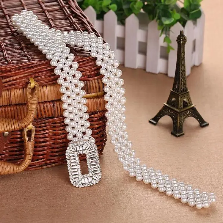Elegant White Pearl Elastic Buckle Belt For Women Luxurious Strap Pearls Waistband Fashionable Design
