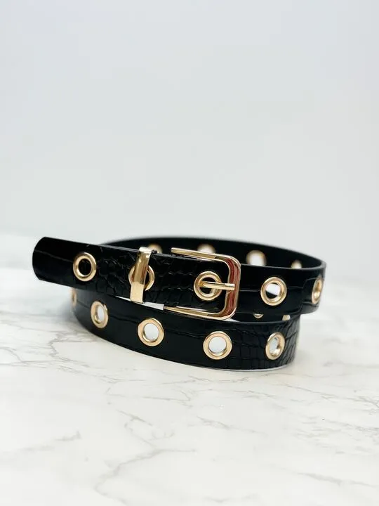 Embossed Gold Grommet Belt - Black