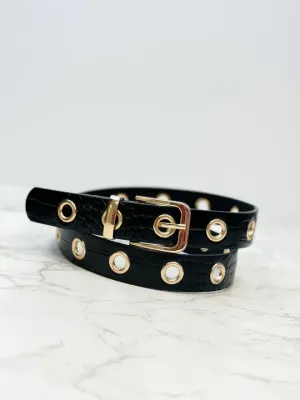 Embossed Gold Grommet Belt - Black