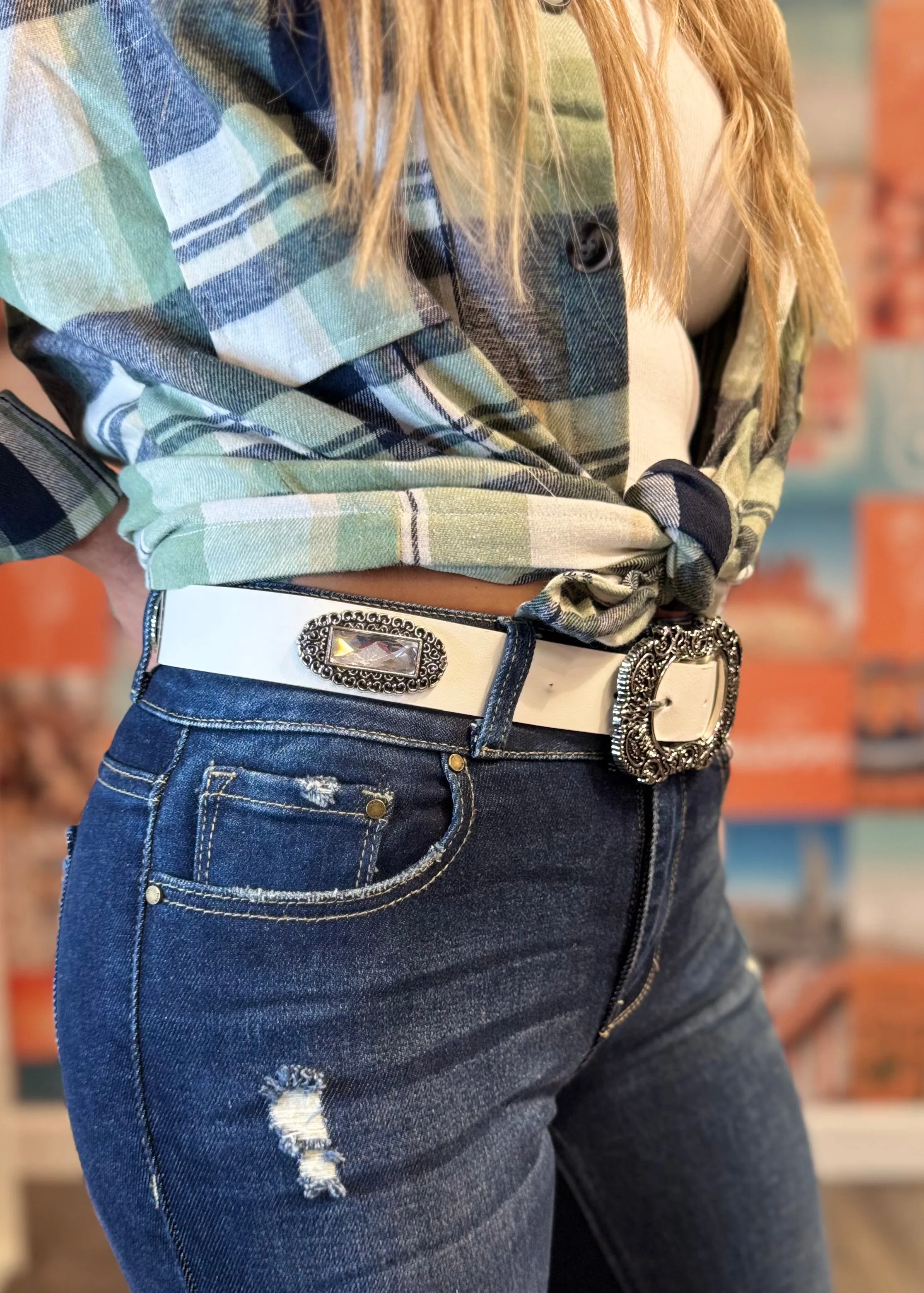 Embroidered Buckle Faux Leather Belt