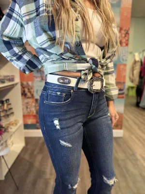 Embroidered Buckle Faux Leather Belt