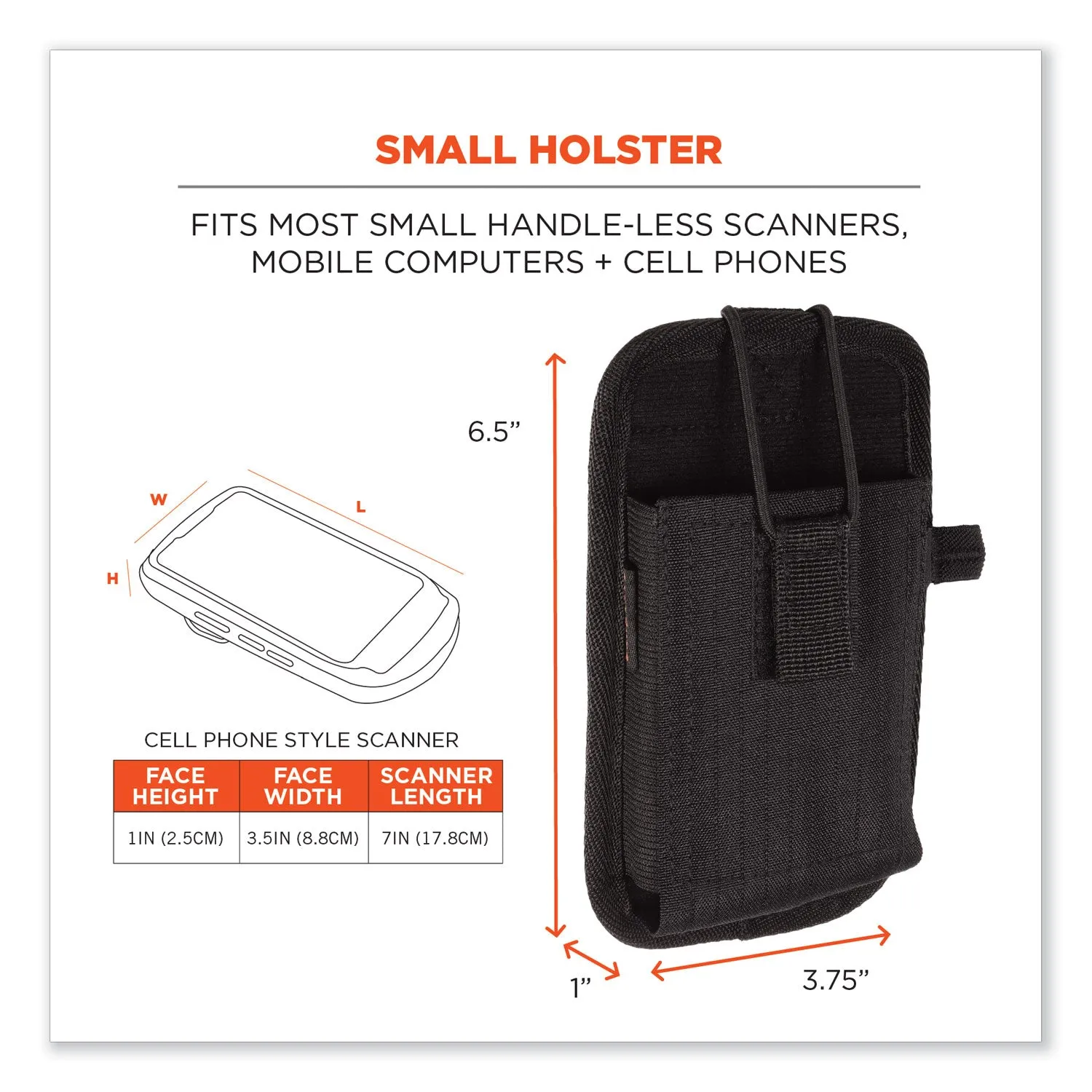 ergodyne® Squids 5544 Phone Style Scanner Holster with Belt Clip and Loops, 1 Compartment, 3.75 x 1 x 6.5, Polyester,Black