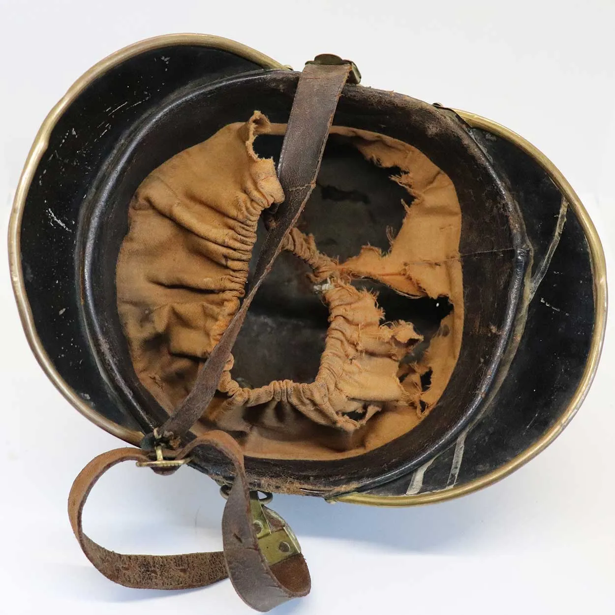 European Brass, Painted Iron and Leather Fire Brigade Helmet