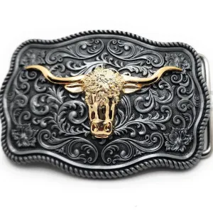 Fancy Engraved Gold Longhorn Western Belt Buckle