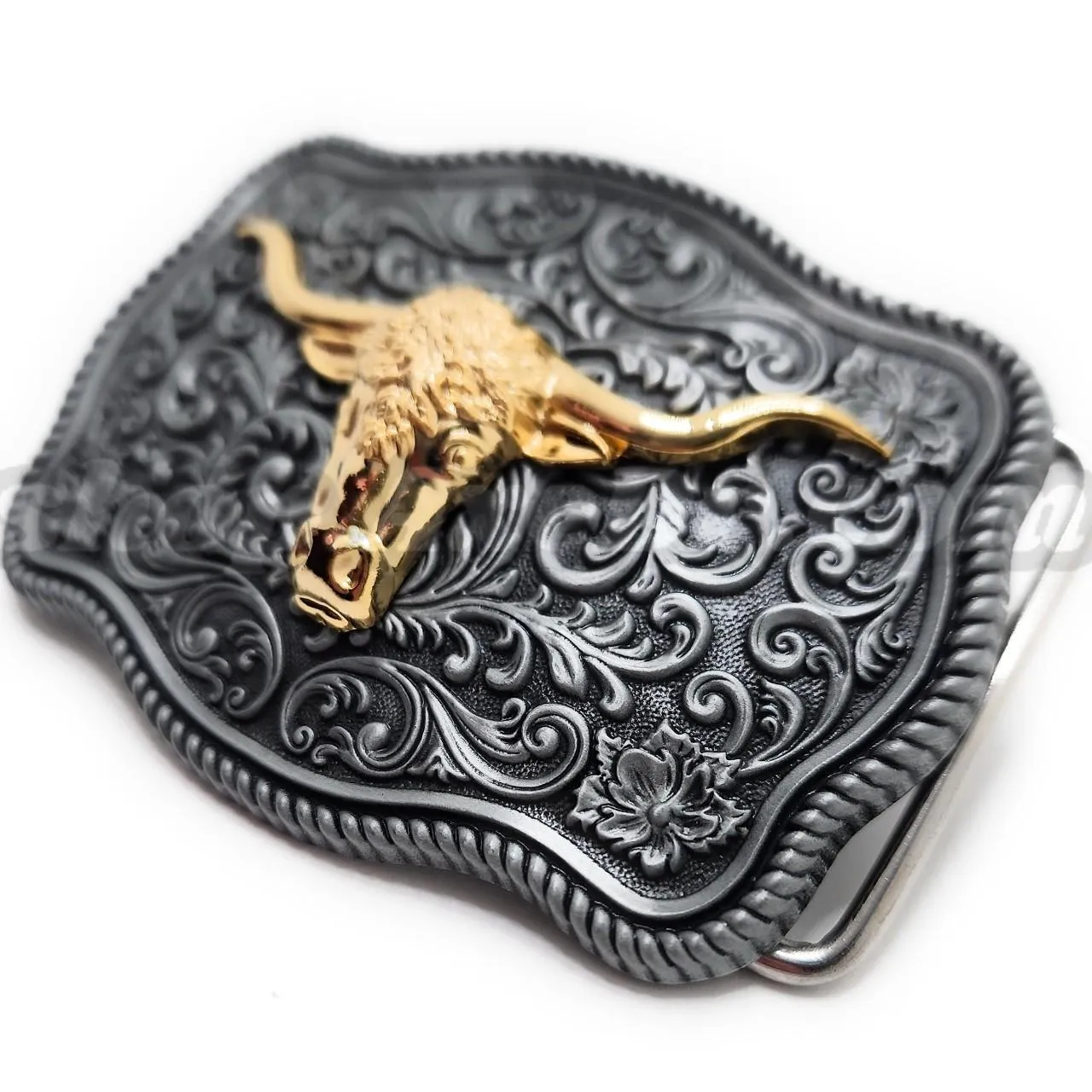 Fancy Engraved Gold Longhorn Western Belt Buckle