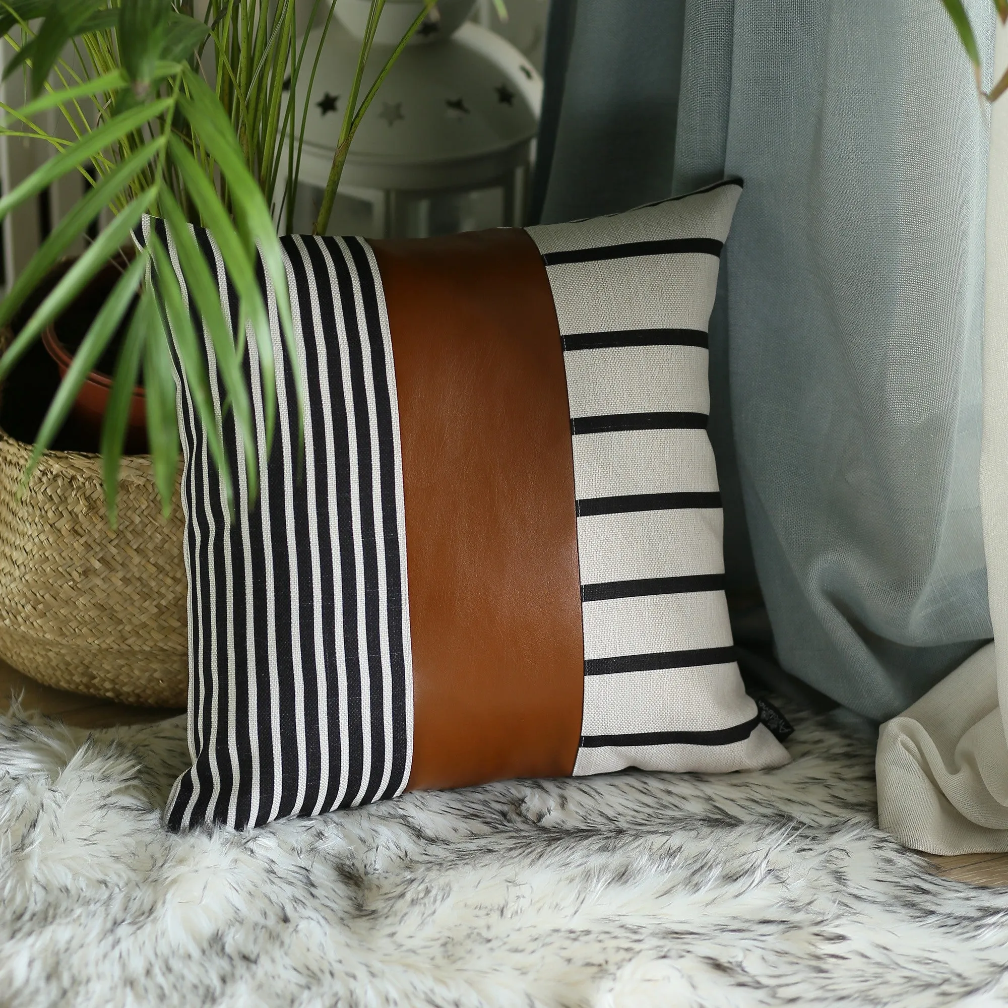 Faux Leather and Monochromatic Stripes Decorative Pillow Cover