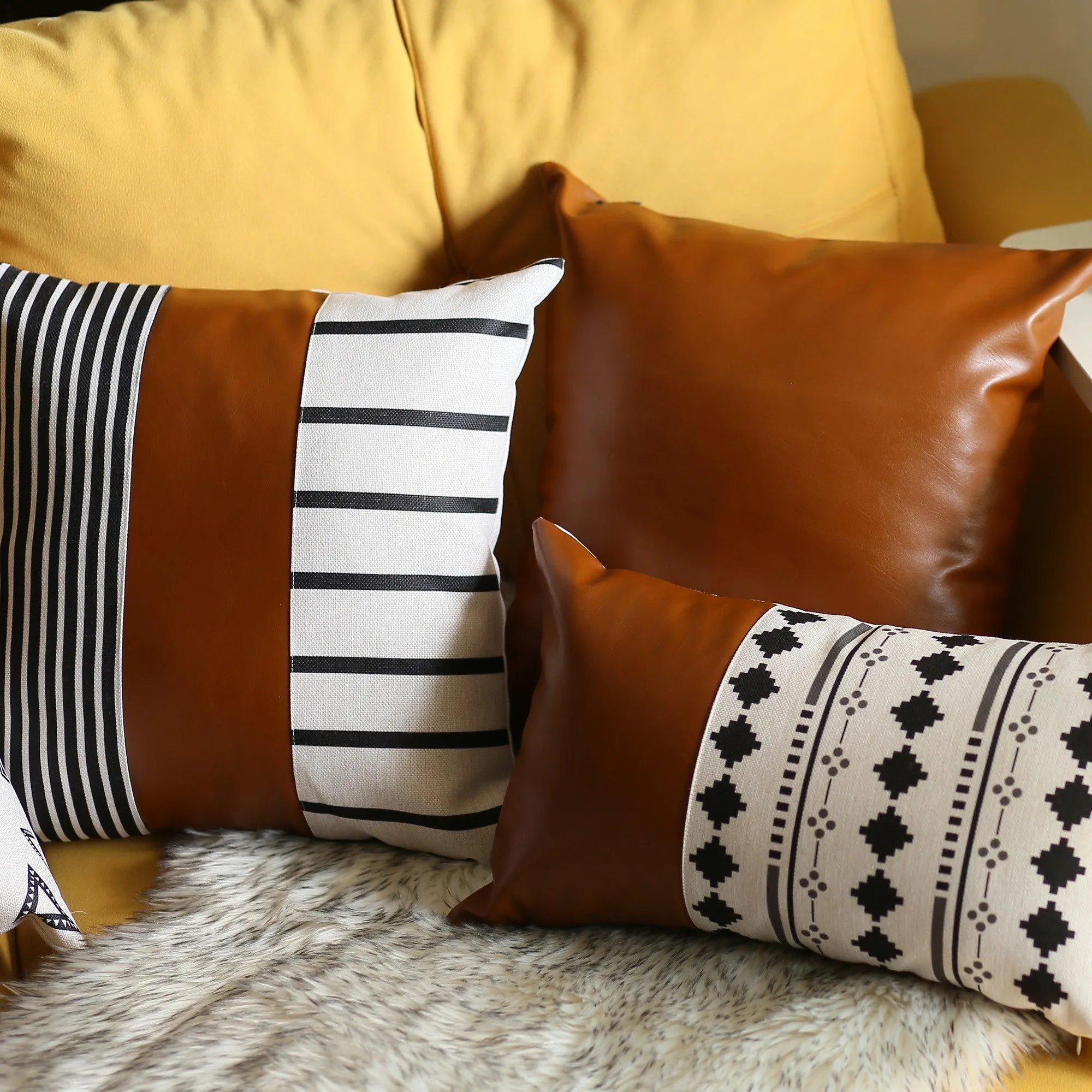 Faux Leather and Monochromatic Stripes Decorative Pillow Cover