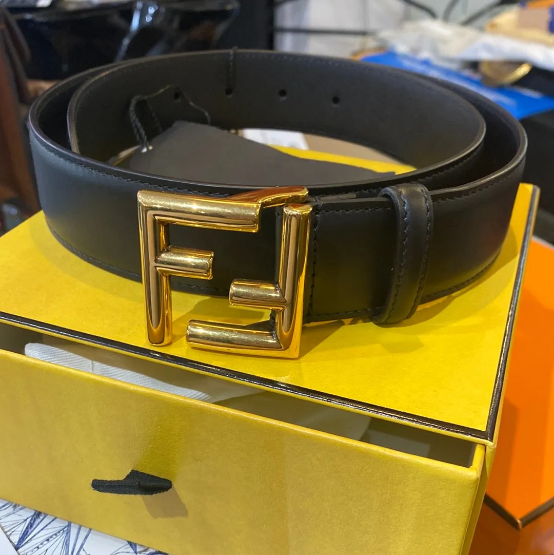 FENDI Black Calfskin Leather Gold FF Belt