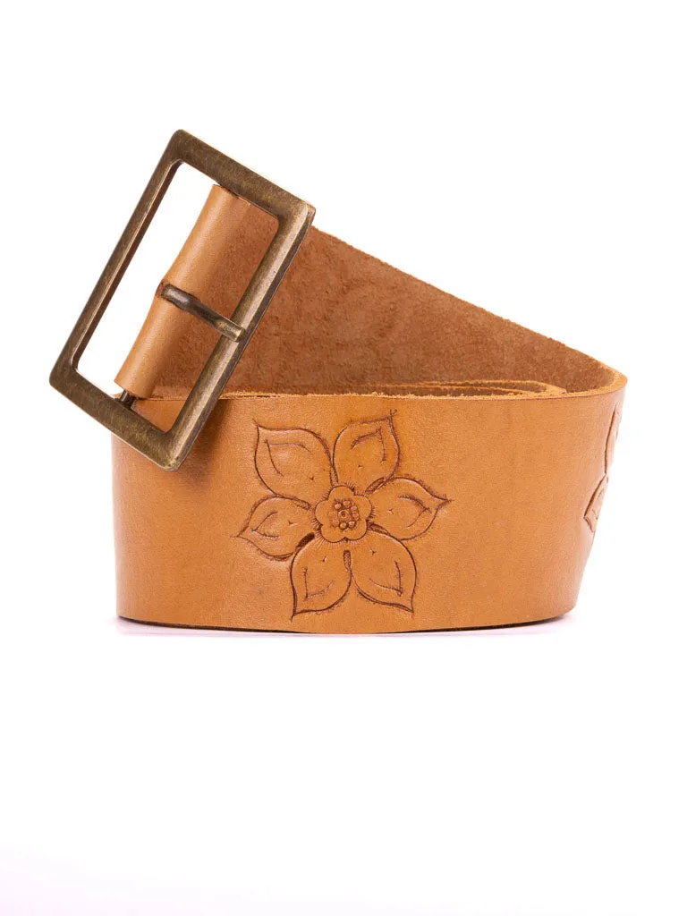 Fleur Hand Tooled Belt Wide Bronze t-bar Buckle
