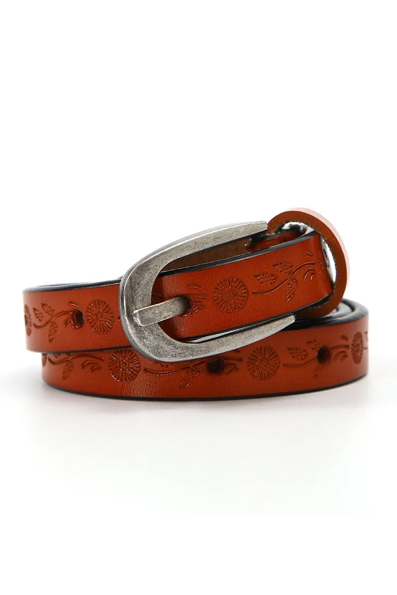 Floral Embossed Skinny Leather Belt