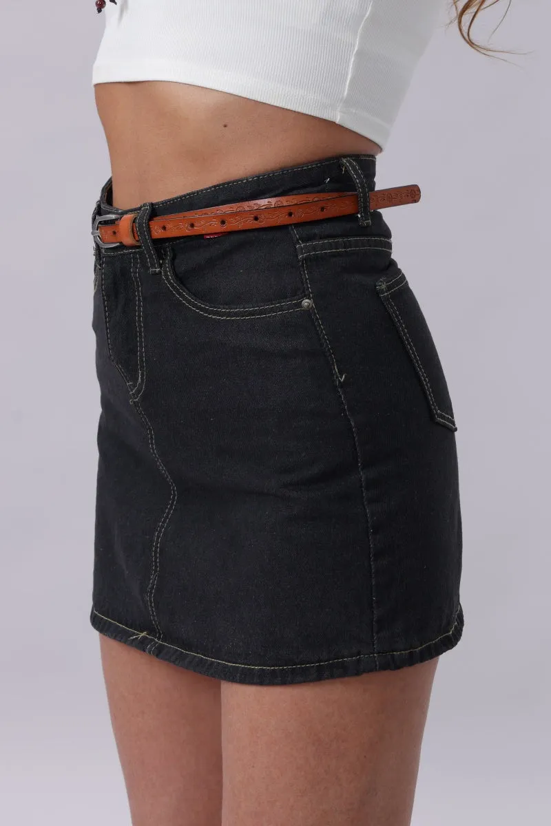 Floral Embossed Skinny Leather Belt