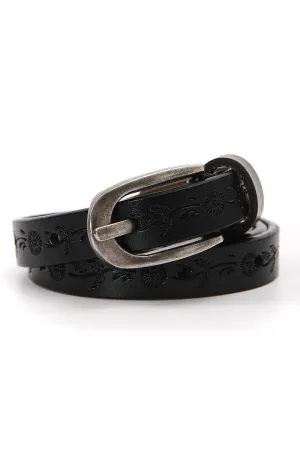 Floral Embossed Skinny Leather Belt