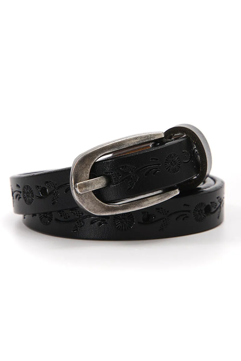 Floral Embossed Skinny Leather Belt