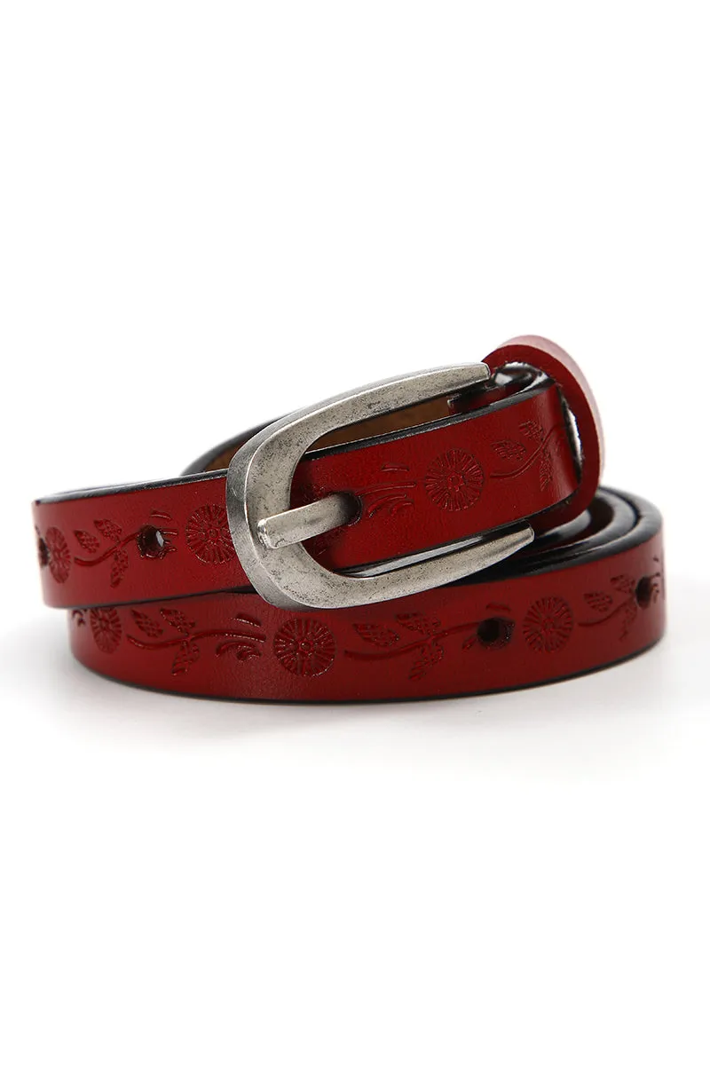 Floral Embossed Skinny Leather Belt
