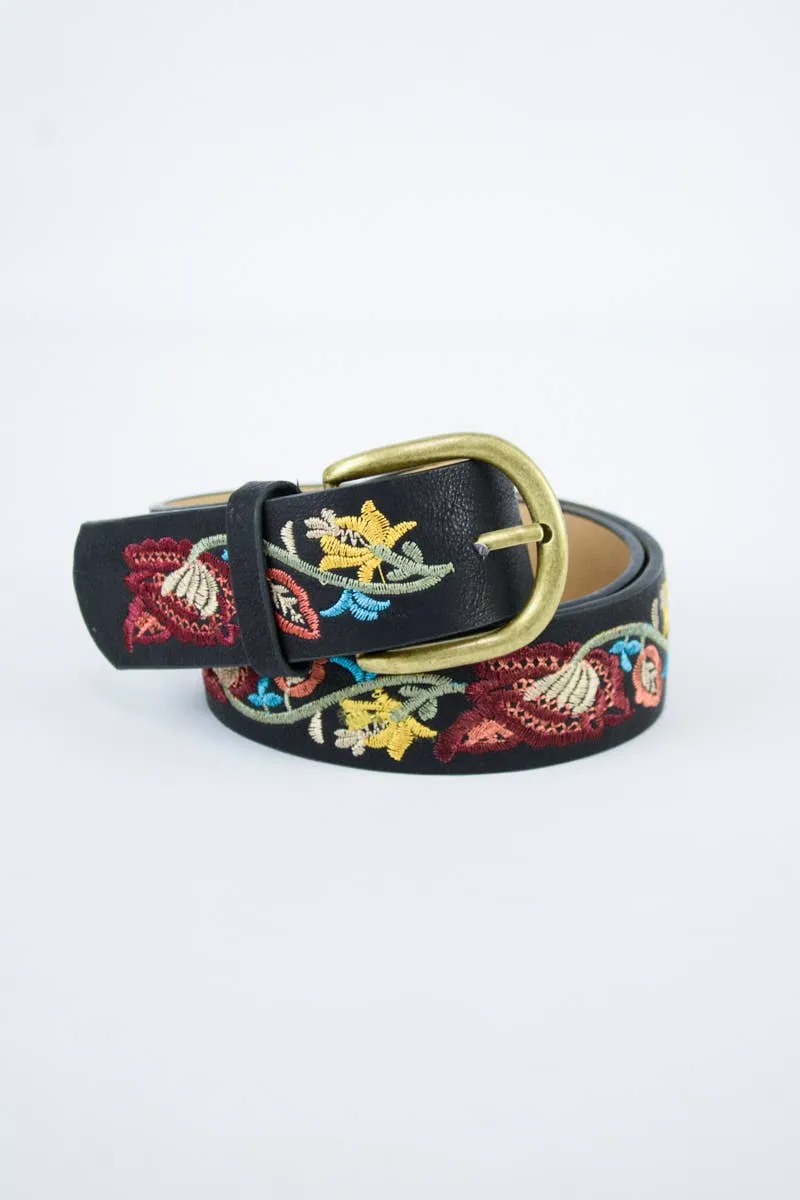 Flower Embroidered Statement Belt: Black