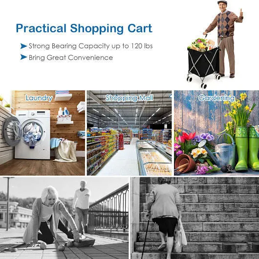 Folding Shopping Utility Cart with Water-Resistant Removable Canvas Bag-Black -
