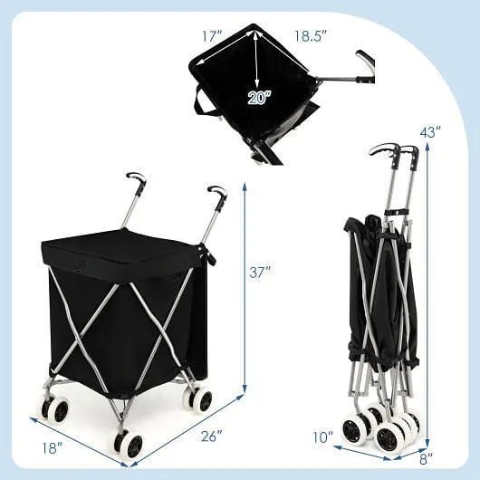 Folding Shopping Utility Cart with Water-Resistant Removable Canvas Bag-Black -