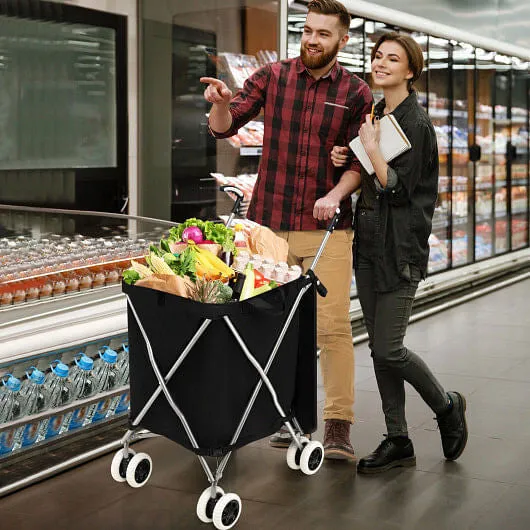 Folding Shopping Utility Cart with Water-Resistant Removable Canvas Bag-Black -