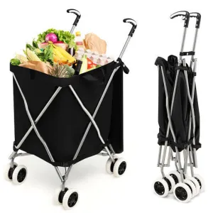 Folding Shopping Utility Cart with Water-Resistant Removable Canvas Bag-Black -