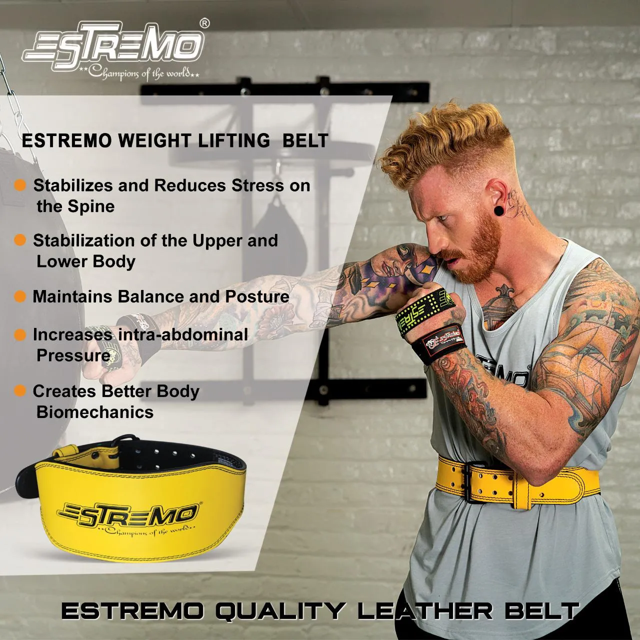 Genuine Leather Weightlifting Belt 6" Wide - Yellow