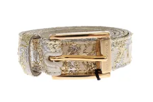 Gold Beige Brocade Cotton Leather Waist Belt
