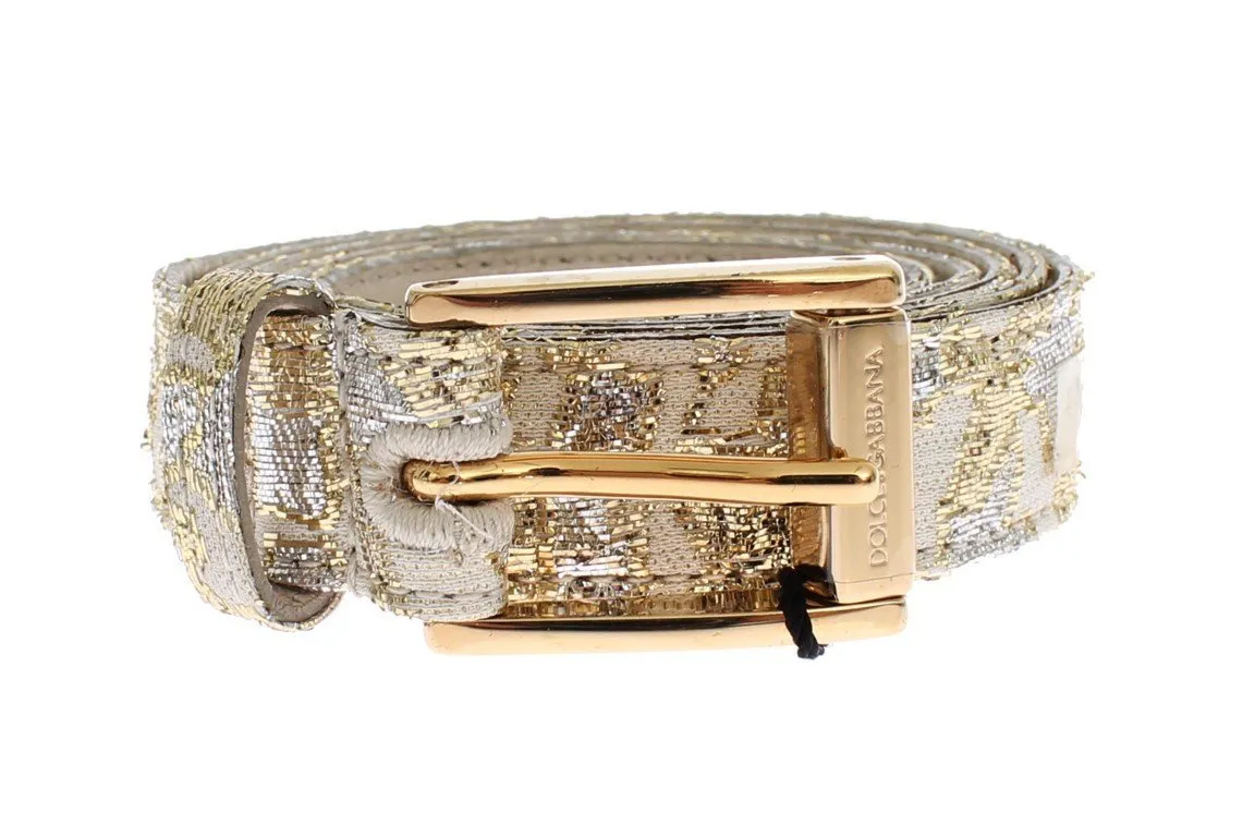 Gold Beige Brocade Cotton Leather Waist Belt