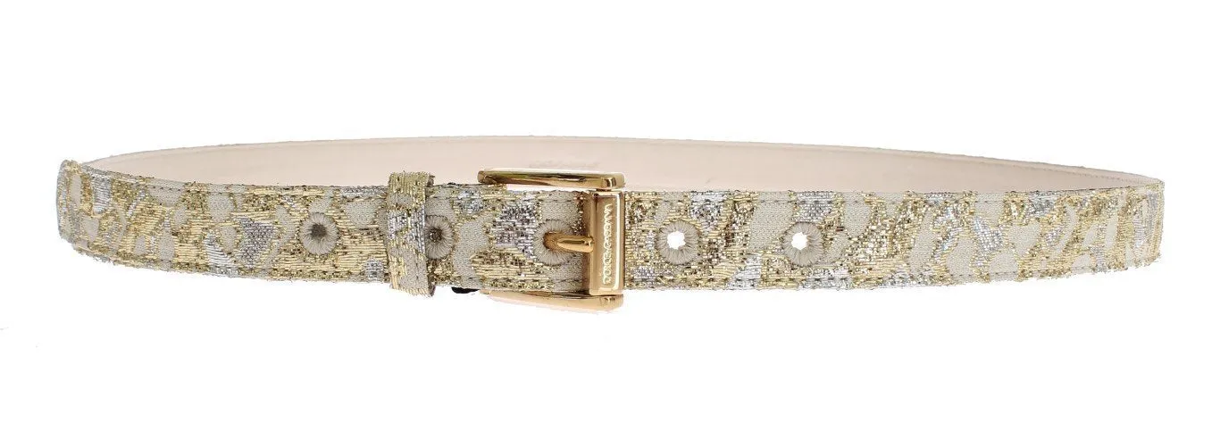 Gold Beige Brocade Cotton Leather Waist Belt