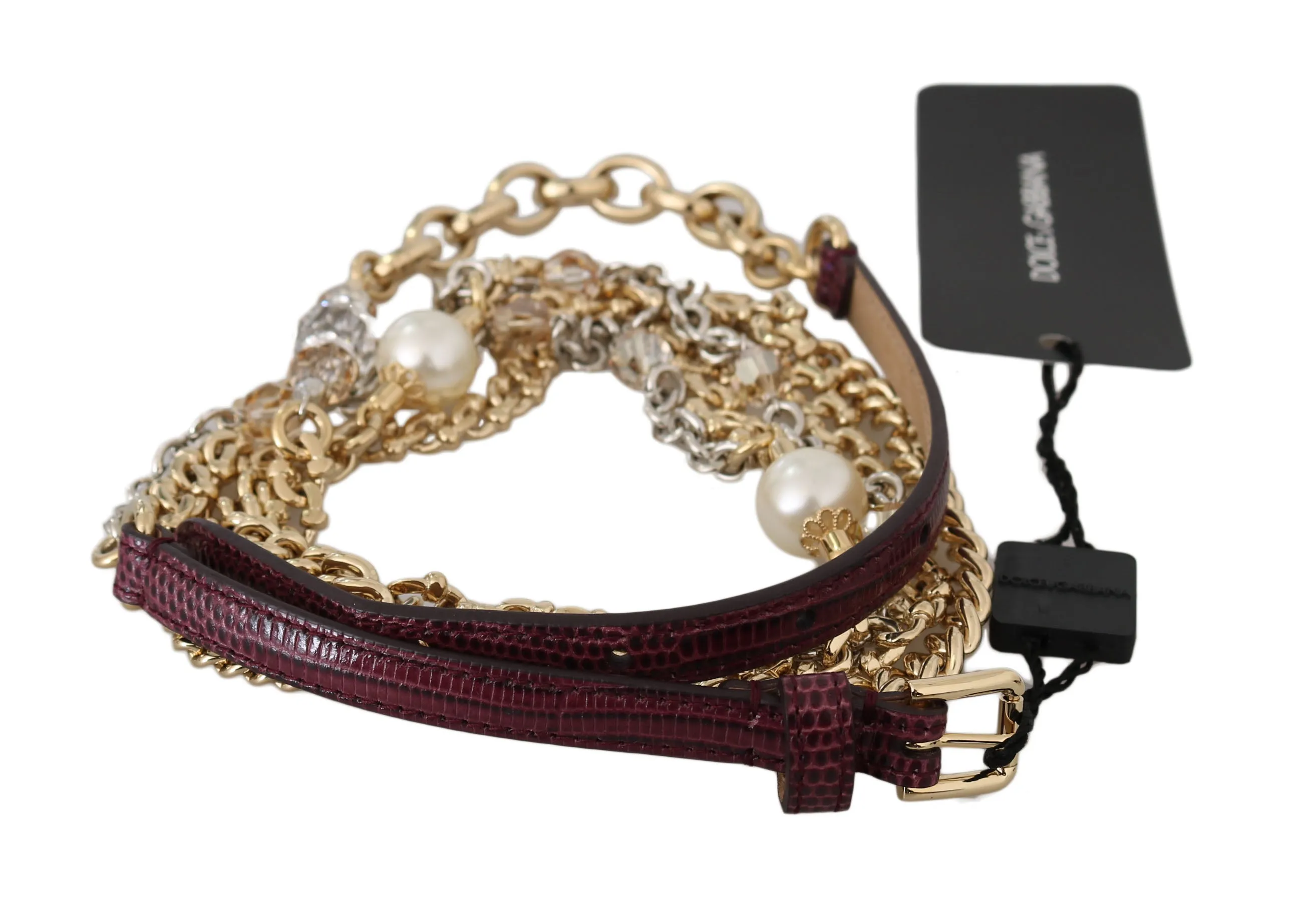 Gold Chain Bordeaux Leather Pattern Crystal Belt