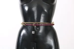 Gold Chain Bordeaux Leather Pattern Crystal Belt