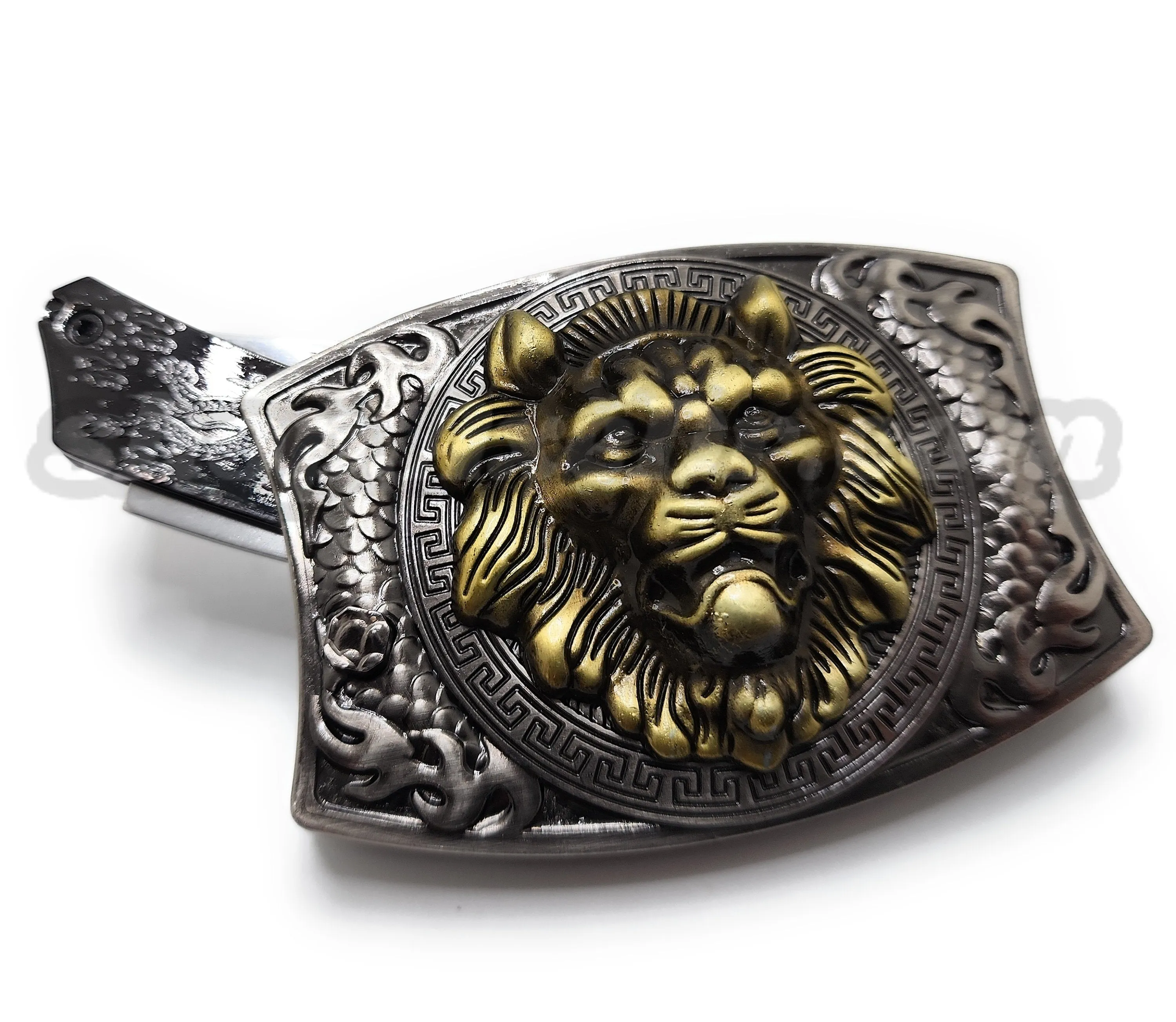 Gold Lion Head Folding Knife Belt Buckle Push-Button-Release