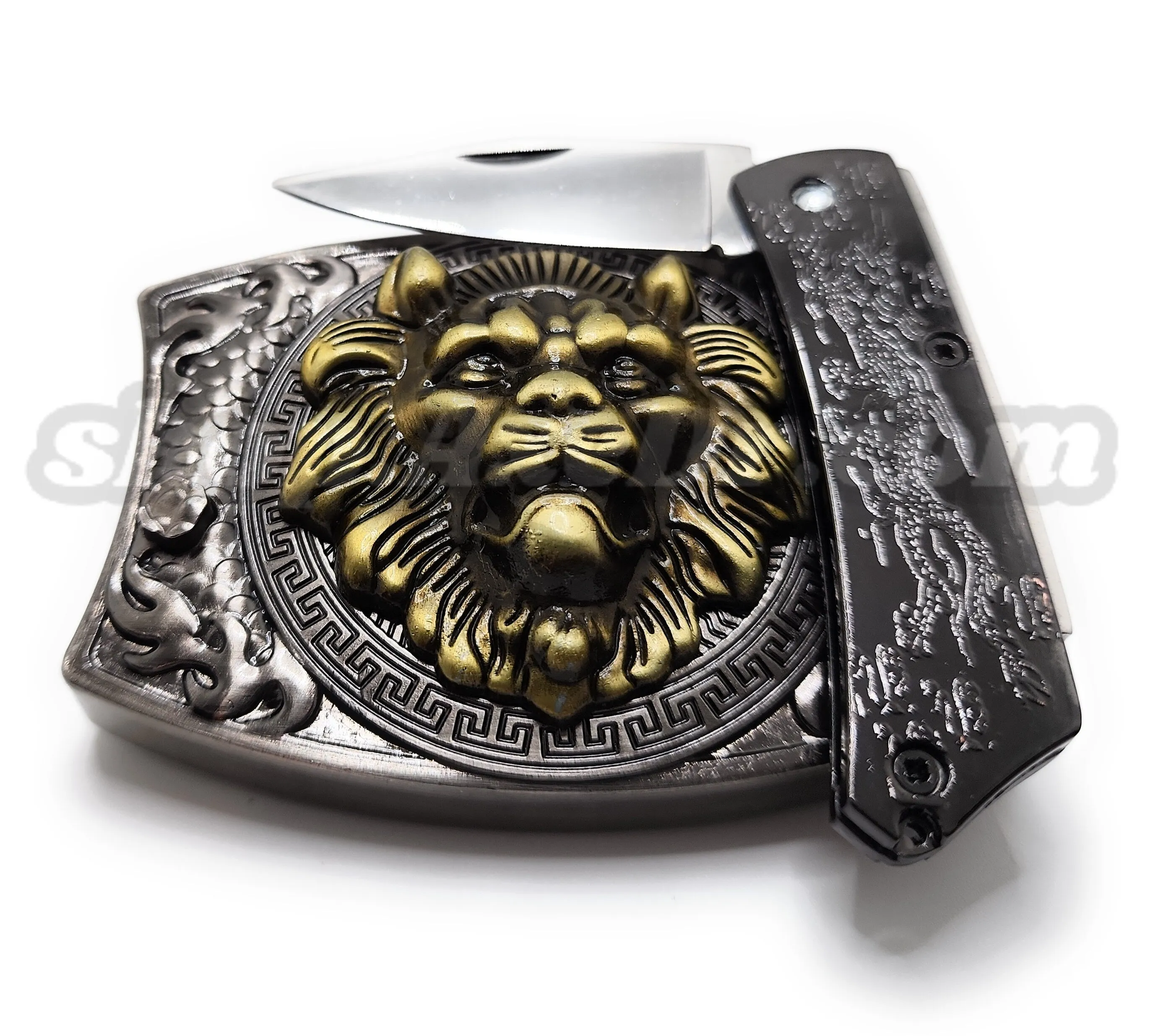 Gold Lion Head Folding Knife Belt Buckle Push-Button-Release