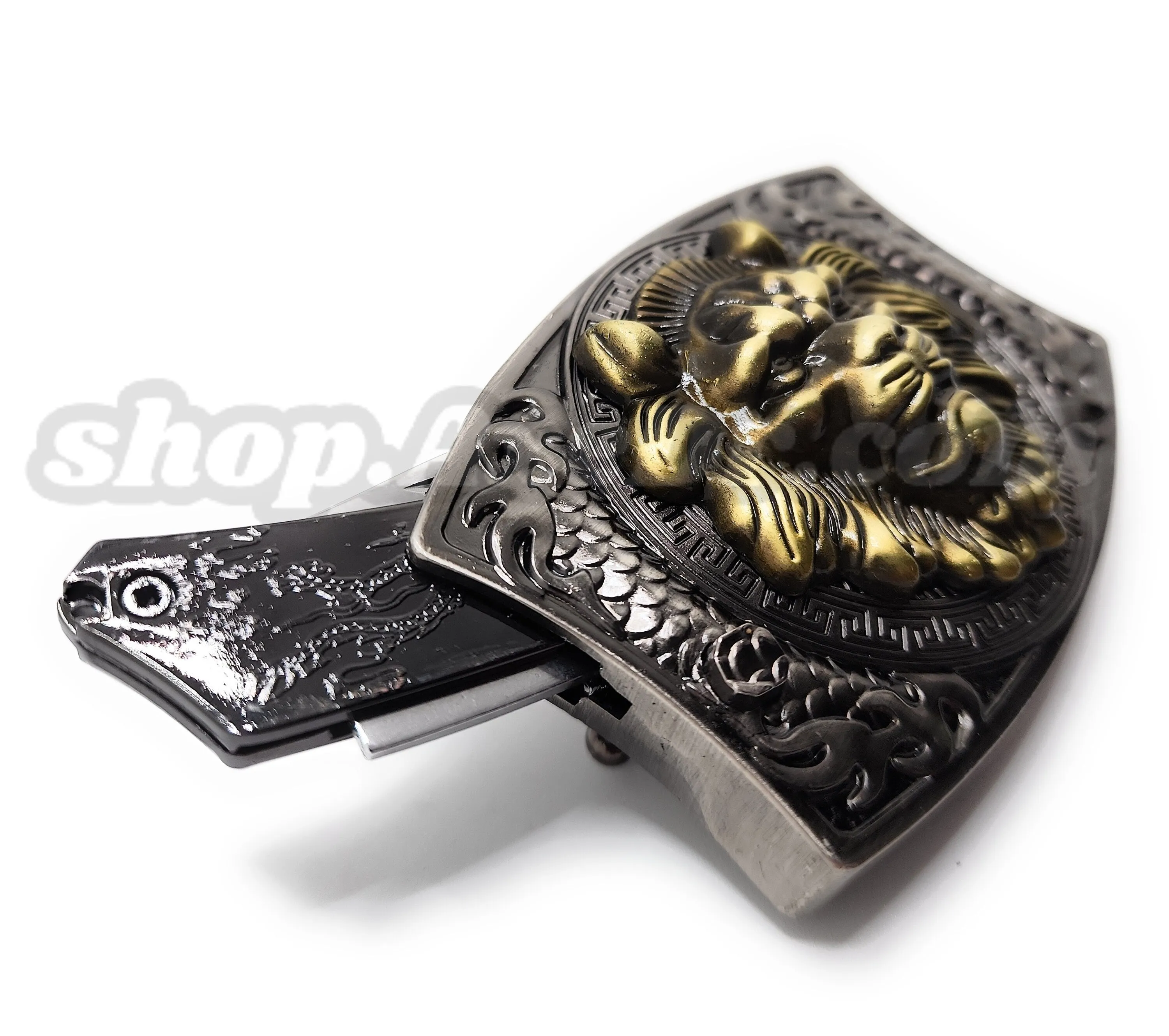 Gold Lion Head Folding Knife Belt Buckle Push-Button-Release