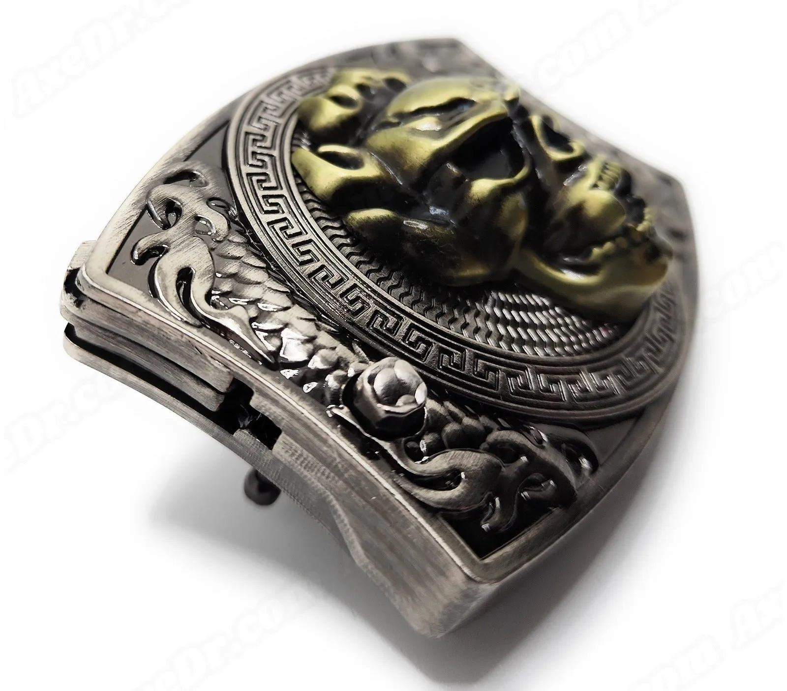 Gold Skull Folding Knife Belt Buckle Push-Button-Release