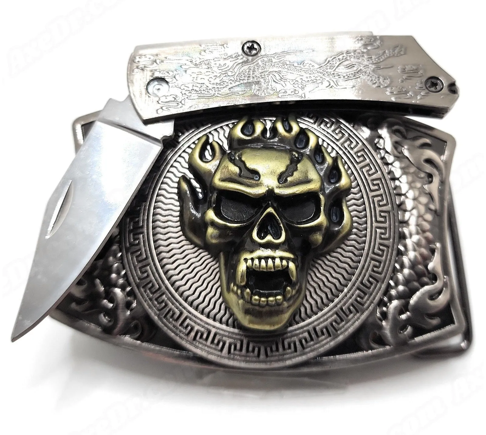 Gold Skull Folding Knife Belt Buckle Push-Button-Release