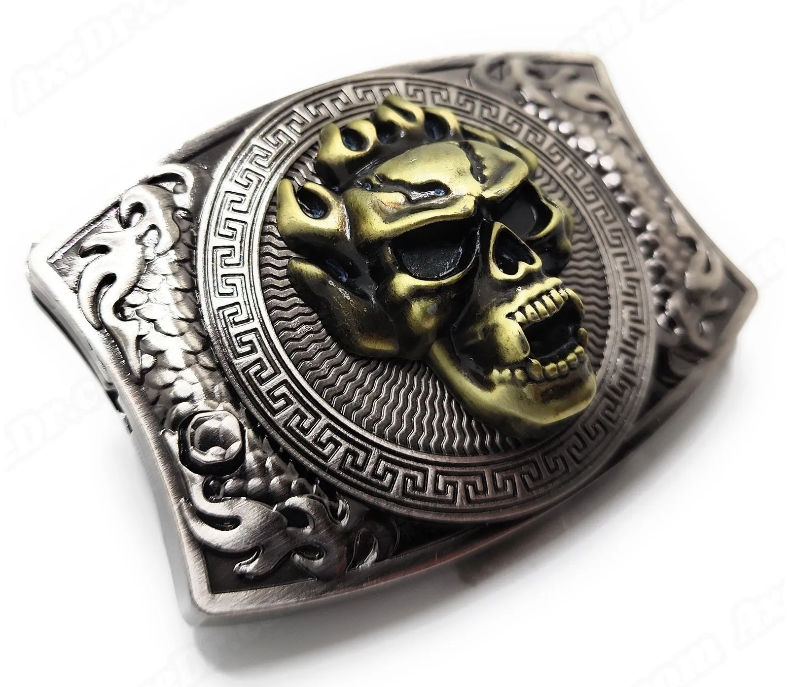 Gold Skull Folding Knife Belt Buckle Push-Button-Release