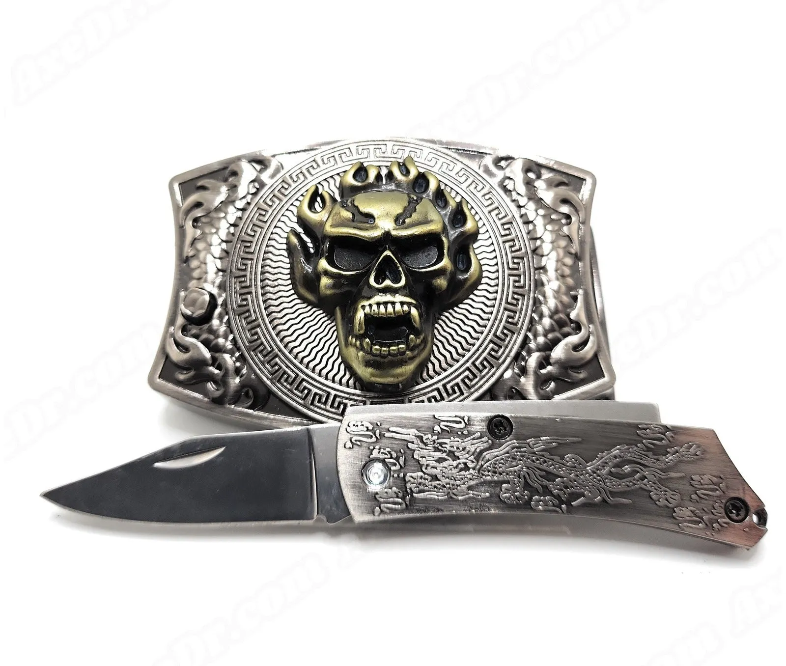Gold Skull Folding Knife Belt Buckle Push-Button-Release
