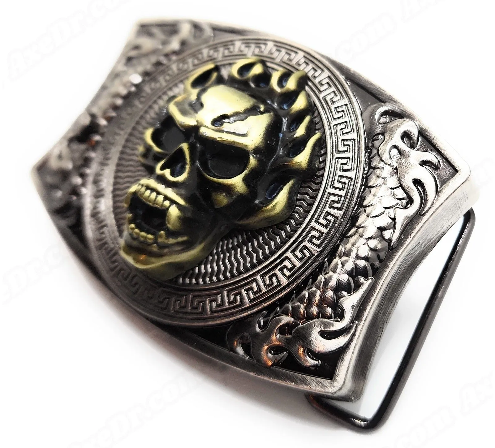 Gold Skull Folding Knife Belt Buckle Push-Button-Release