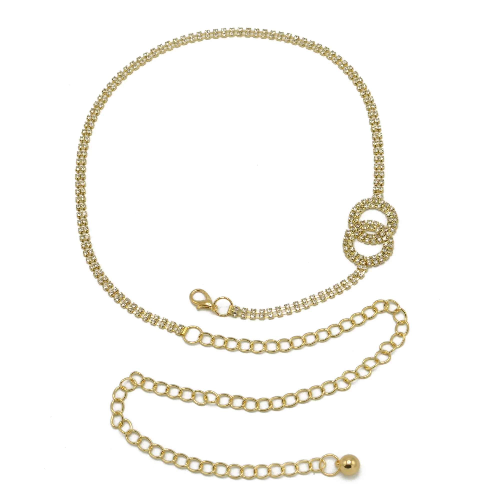 GOLD TWO CIRCLE RHINESTONE CRYSTAL WAIST CHAIN BELT# HNB90671GD(KNF3)