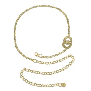 GOLD TWO CIRCLE RHINESTONE CRYSTAL WAIST CHAIN BELT# HNB90671GD(KNF3)