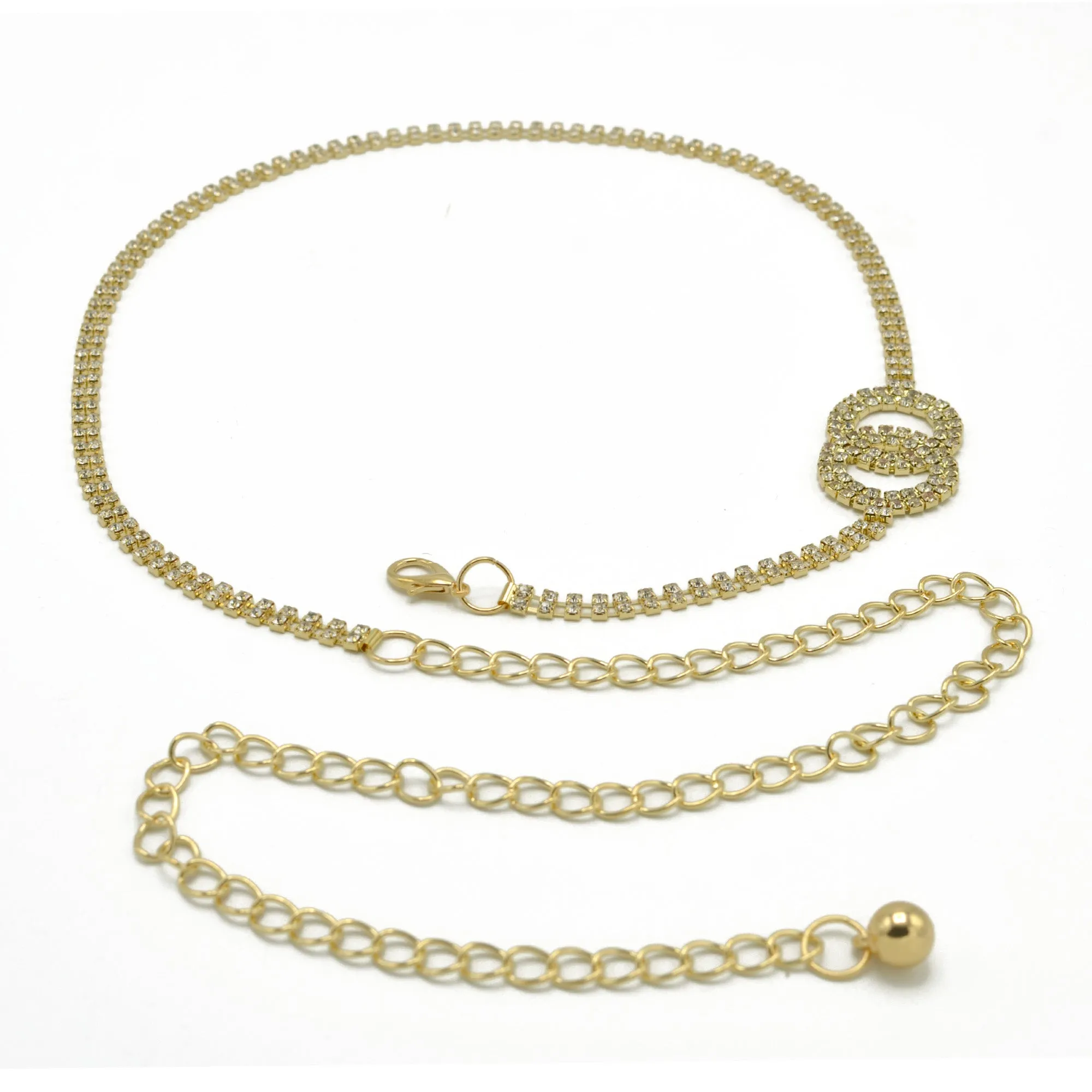 GOLD TWO CIRCLE RHINESTONE CRYSTAL WAIST CHAIN BELT# HNB90671GD(KNF3)