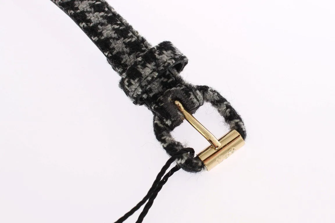 Gray Cotton Houndstooth Gold Buckle Logo Belt