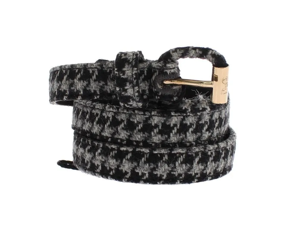 Gray Cotton Houndstooth Gold Buckle Logo Belt