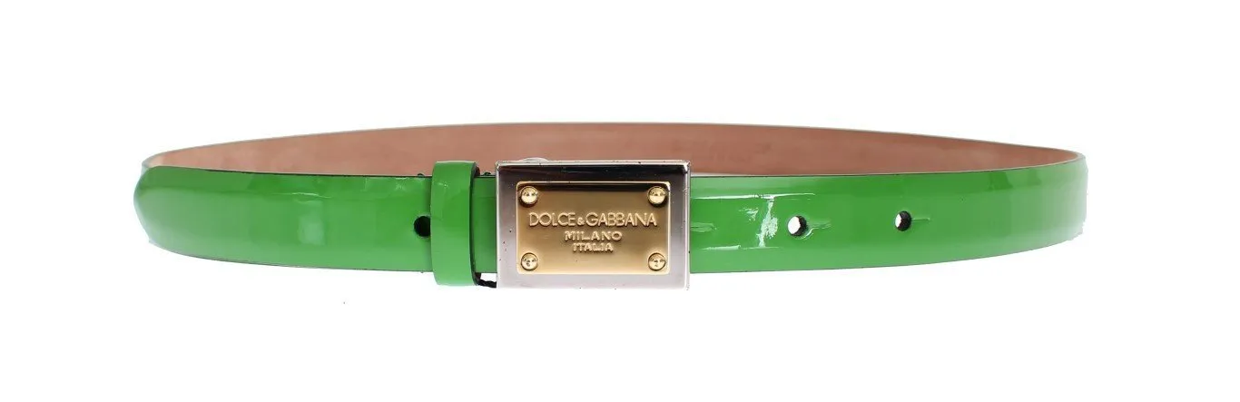 Green Leather Gold Branded Buckle Belt