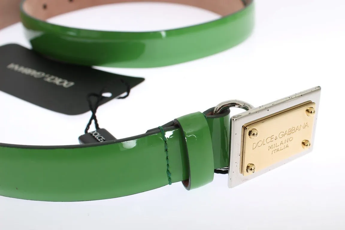 Green Leather Gold Branded Buckle Belt
