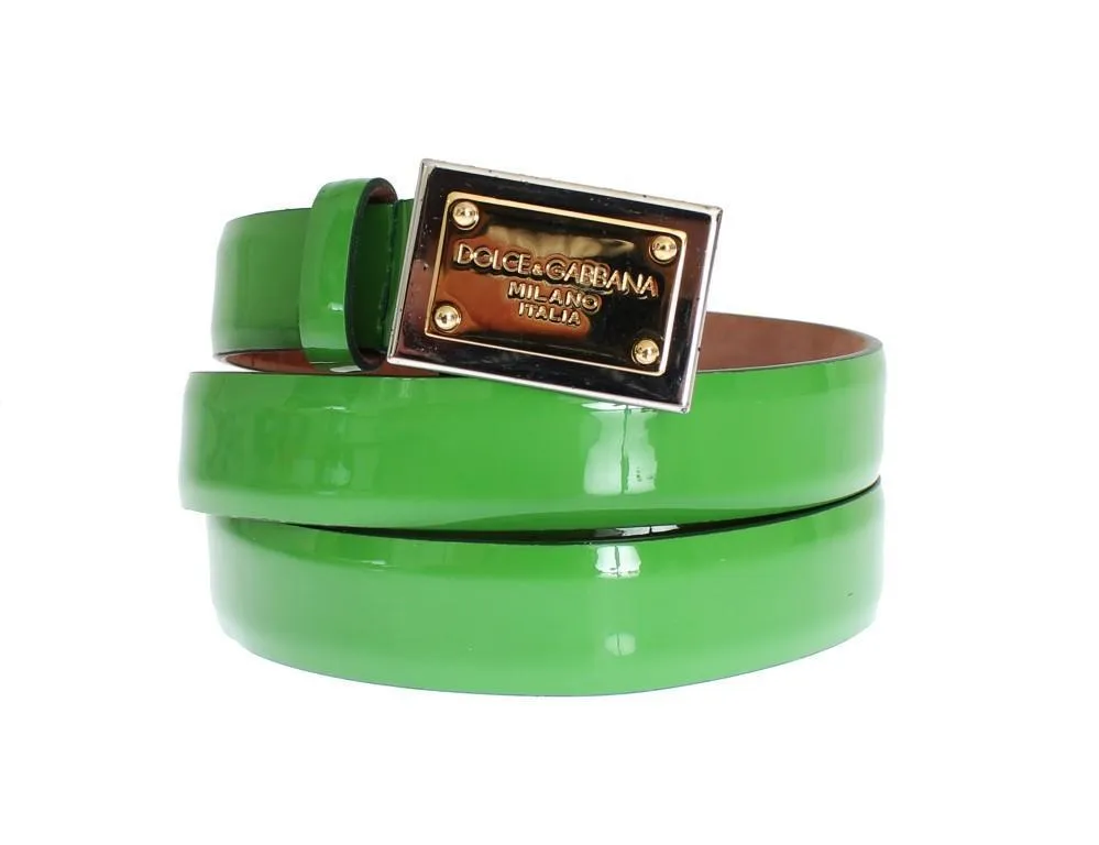 Green Leather Gold Branded Buckle Belt