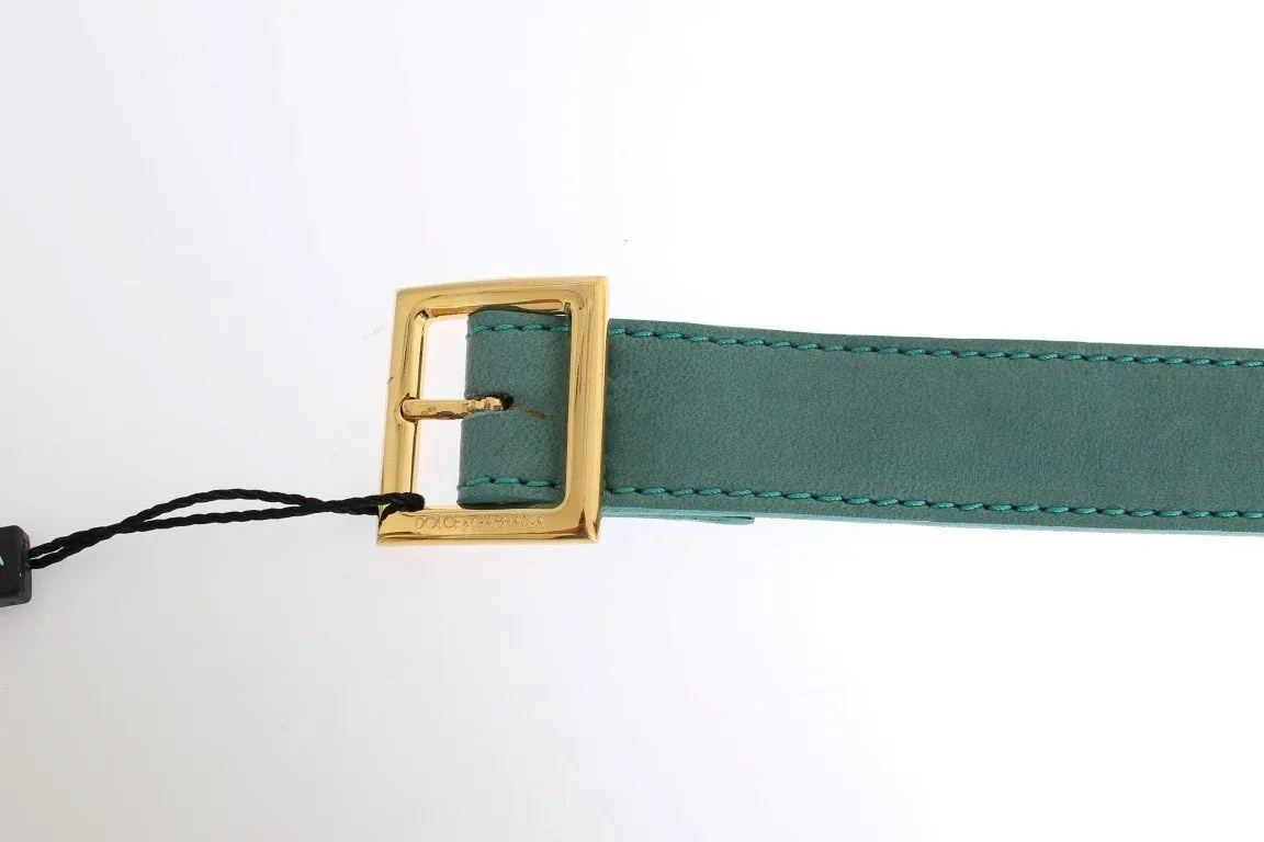 Green Leather Gold Buckle Logo Belt