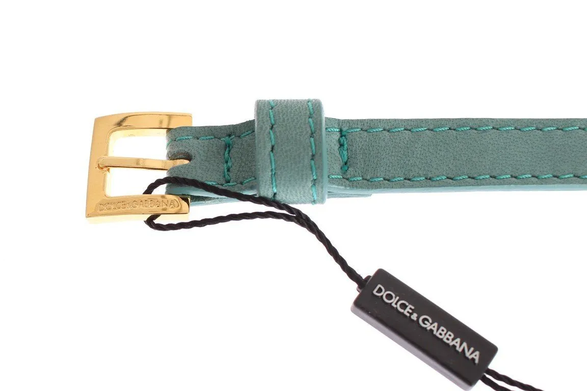 Green Leather Gold Buckle Logo Belt